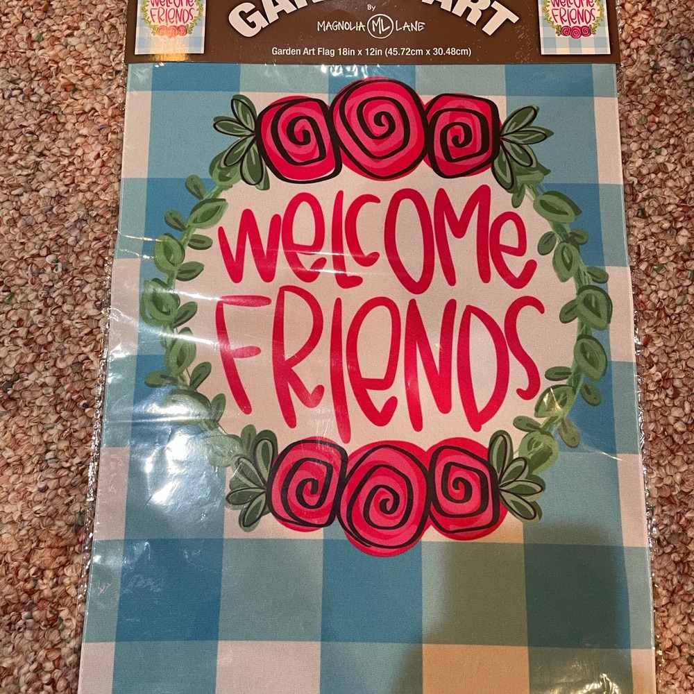 New Welcome Friends Plaid & Rose Garden Flag 12x18